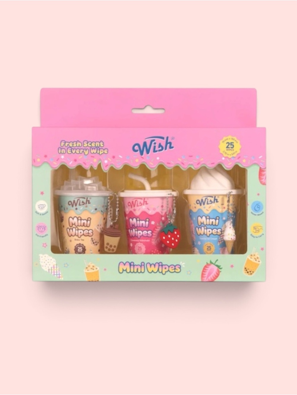 New Wish Milky Treats Mini Wipes Set of 3 Bag Charms Keychains Kawaii Cute Fun